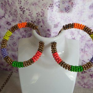 Vintage BOHO  3" Hoop Pierced Earrings Multi Colored Beads Unique and Pre…